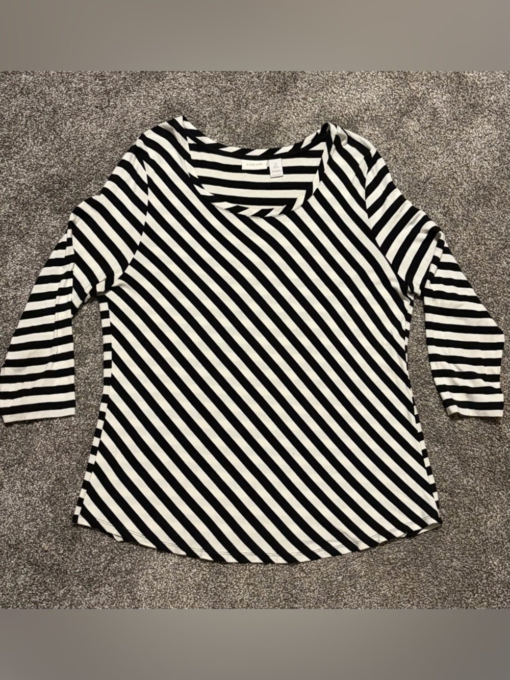 Chico's Black White Striped Knit Scoop Neck 3/4 Sleeve Blouse Size 2 (L)